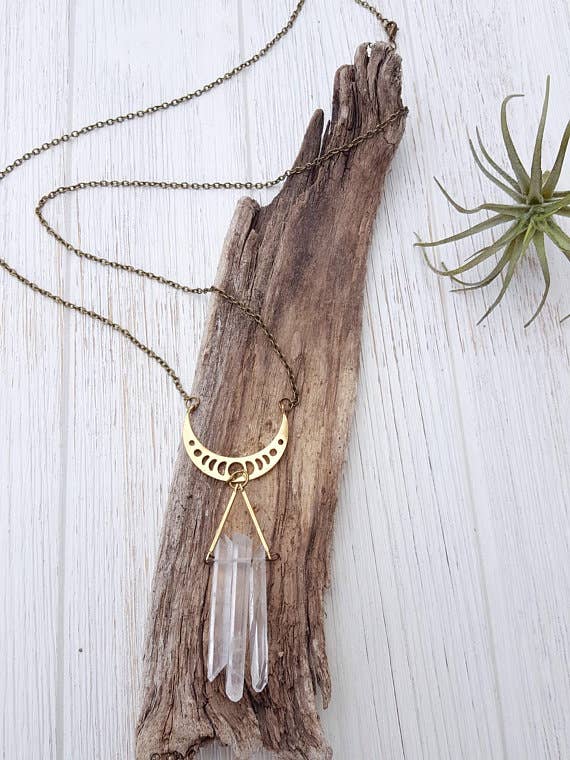 Clear Quartz Crystal Moon Modern Boho Necklace