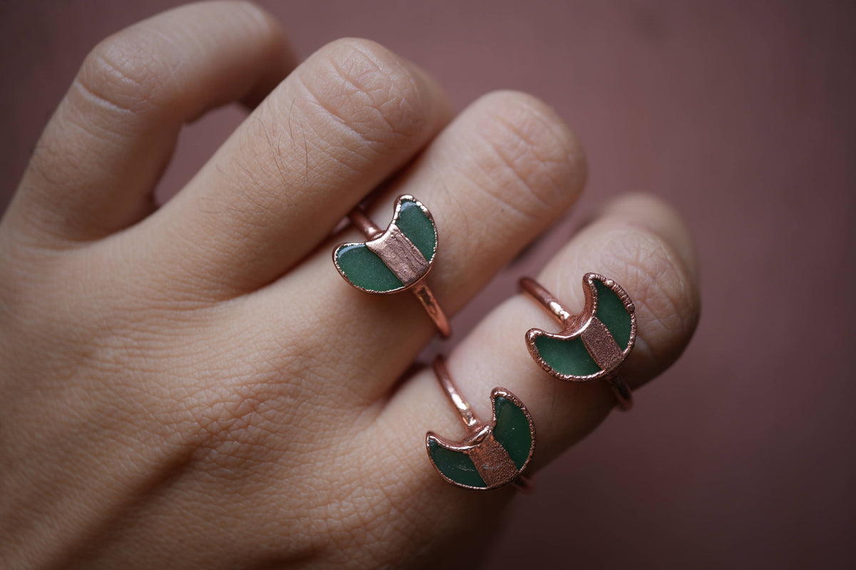 Copper Green Aventurine Moon Ring | Crescent Ring | Gemstone