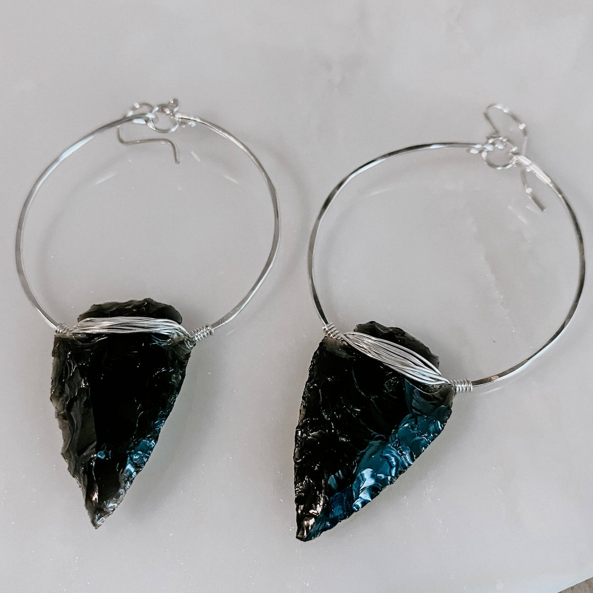 Nala Obsidian Arrowhead Hoop Earrings: 14k Gold Fill