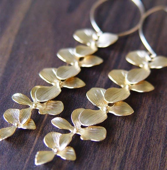 Gold Orchid Flower Earrings