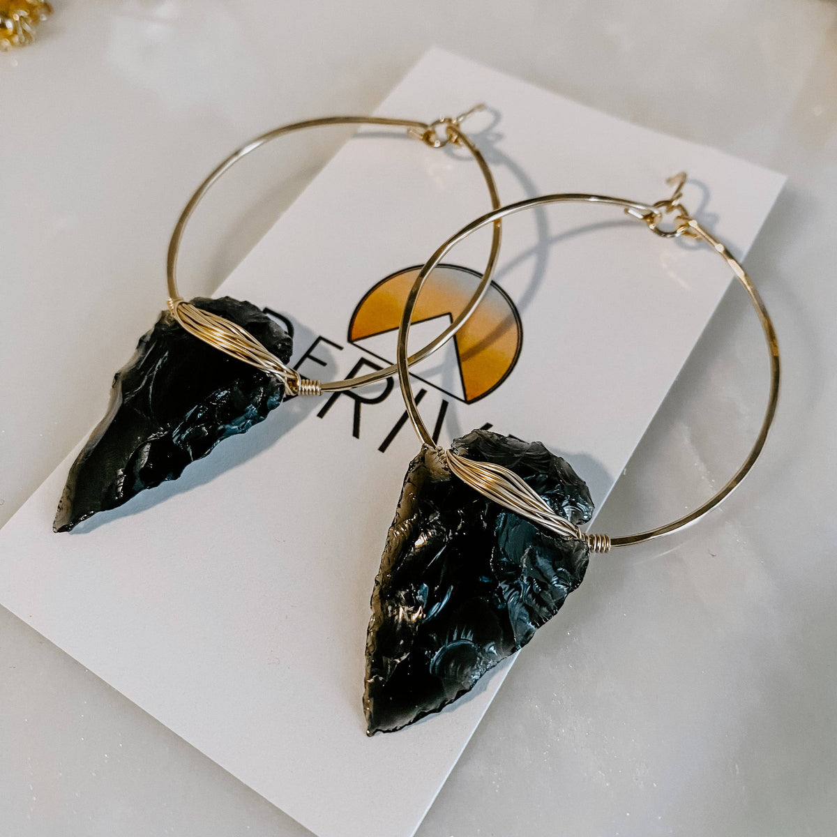 Nala Obsidian Arrowhead Hoop Earrings: 14k Gold Fill