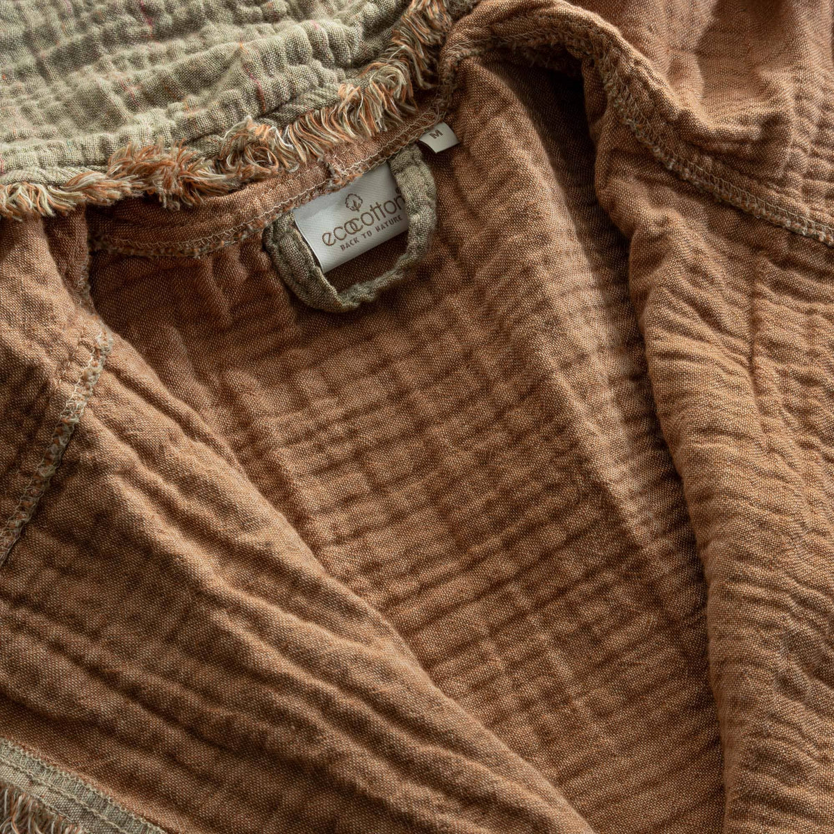 100% Organic Aegean Cotton Gauze Two-Tone Robe: Khaki/Terracotta Size L/XL