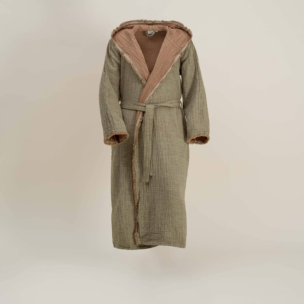 100% Organic Aegean Cotton Gauze Two-Tone Robe: Khaki/Terracotta Size L/XL
