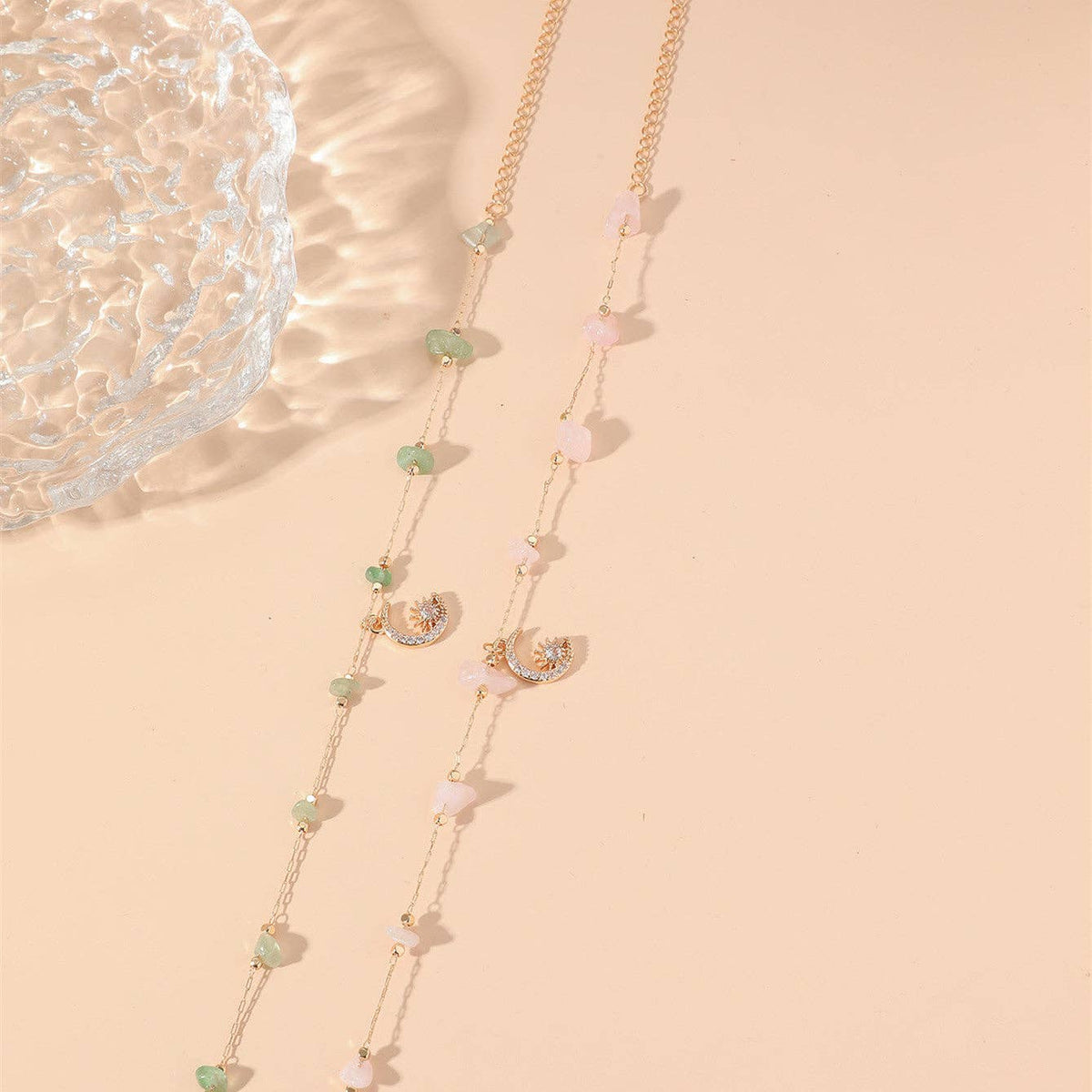 Crystal Raw Stone Moon Charm Anklet: Green