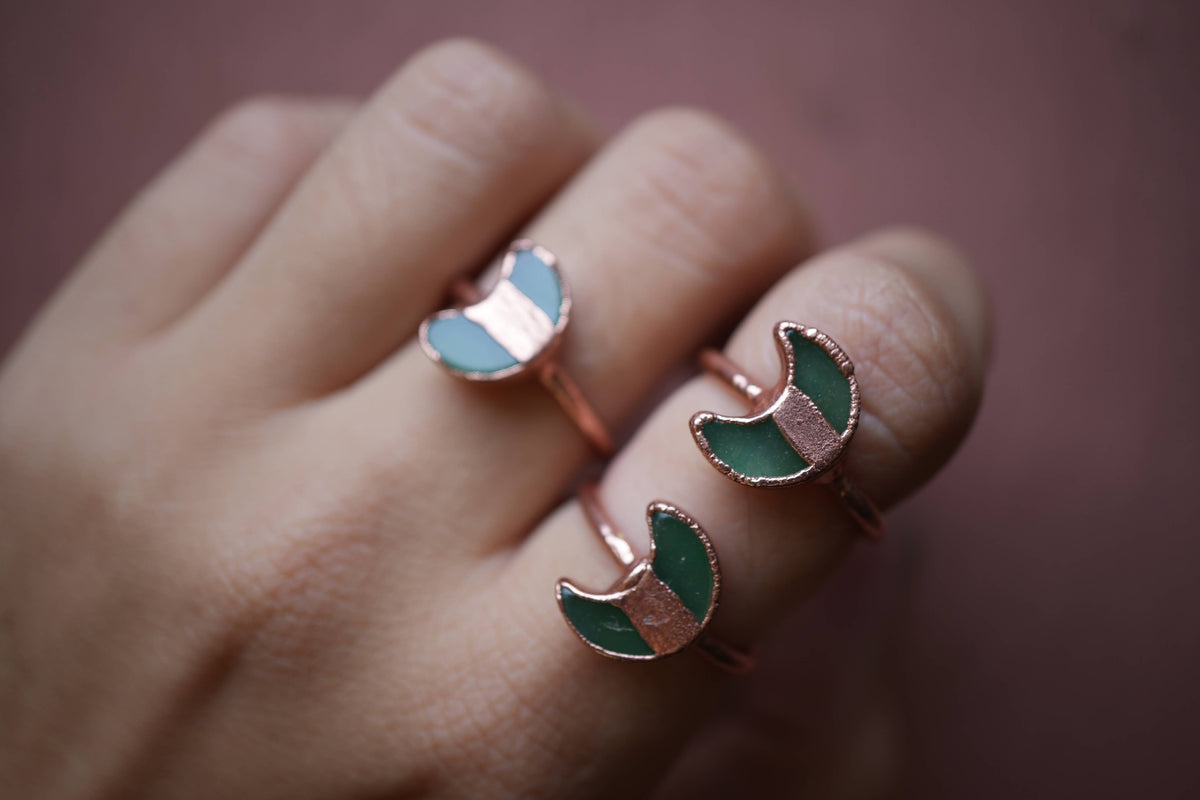 Copper Green Aventurine Moon Ring | Crescent Ring | Gemstone
