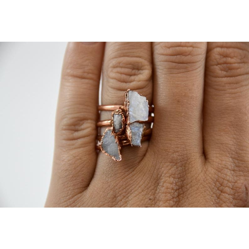 Raw Rainbow Moonstone Copper Ring