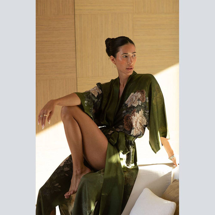 Floral Silk Kimono - Olive