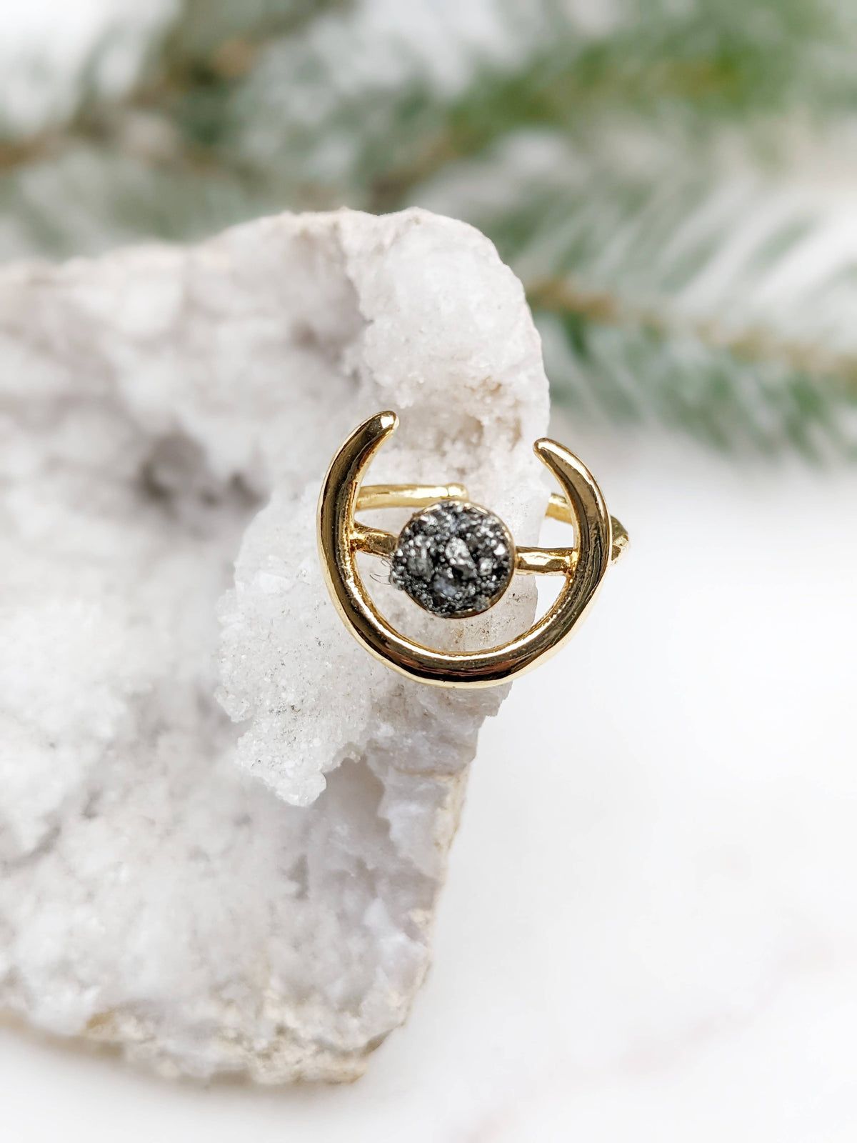 Crescent Moon Pyrite Adjustable Ring
