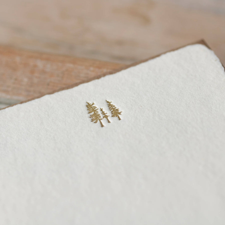 Golden Pine Trees: Handmade Paper Letterpress Notes: Box of 6
