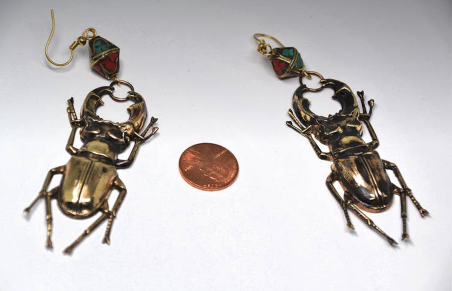 Turquoise & Coral Stag Bug Earrings