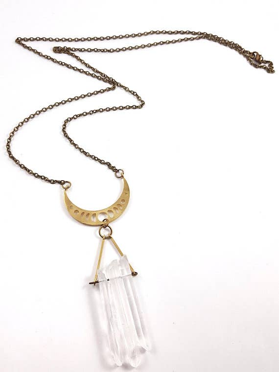 Clear Quartz Crystal Moon Modern Boho Necklace