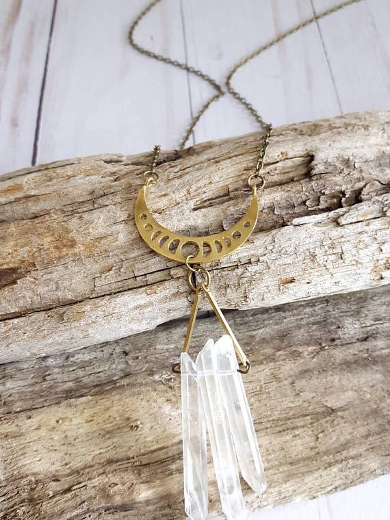 Clear Quartz Crystal Moon Modern Boho Necklace