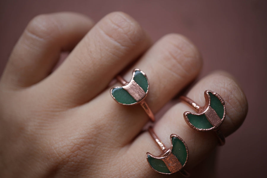 Copper Green Aventurine Moon Ring | Crescent Ring | Gemstone