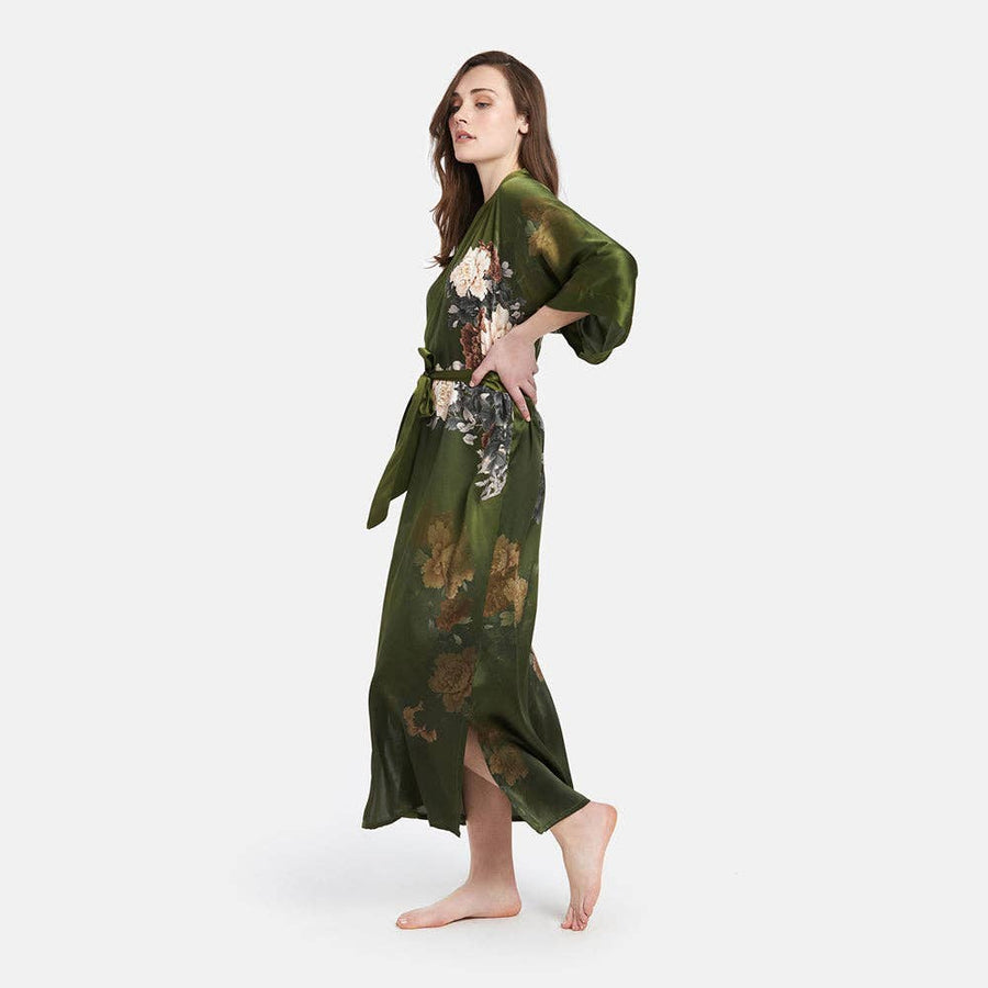 Floral Silk Kimono - Olive