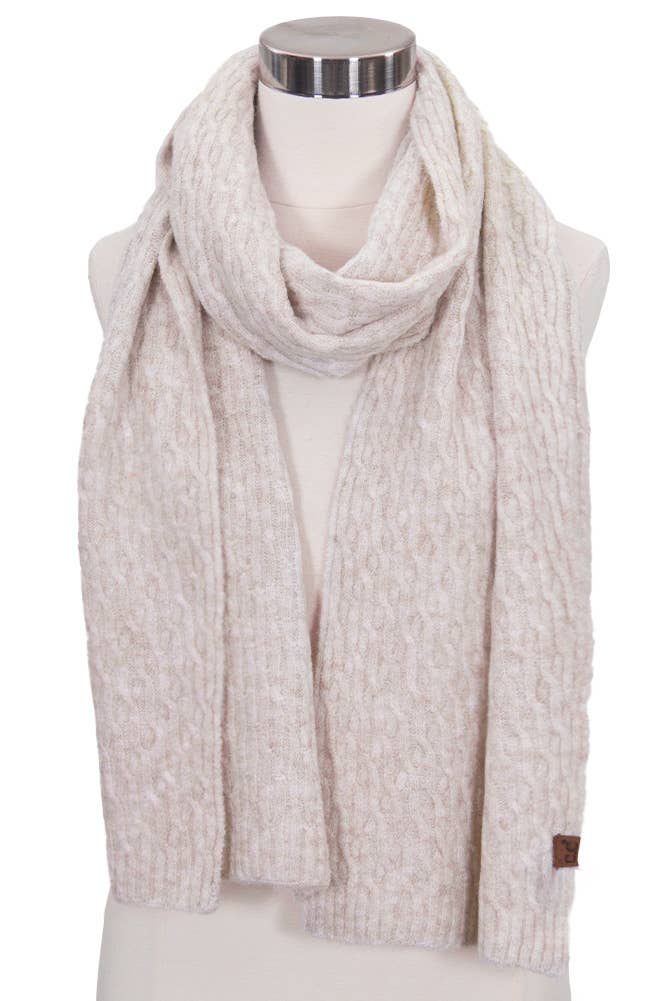 Recycled Fiber Cable Knit Winter Scarf: Oatmeal
