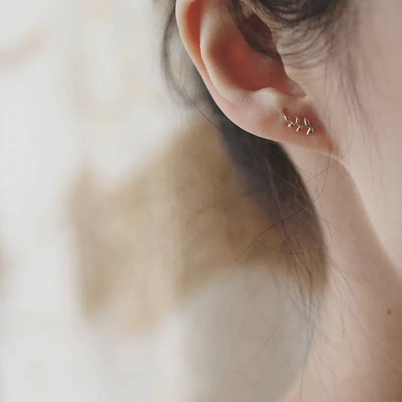 Dainty Leaf Climber Stud Earrings