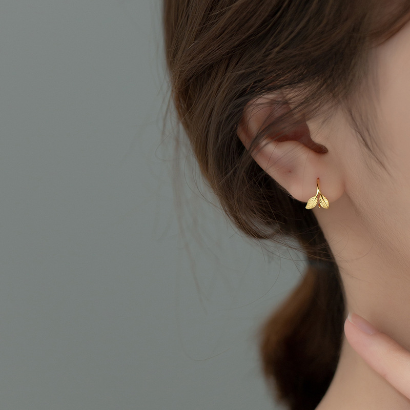 Tiny Leaf Branch Hook Hoop Earrings