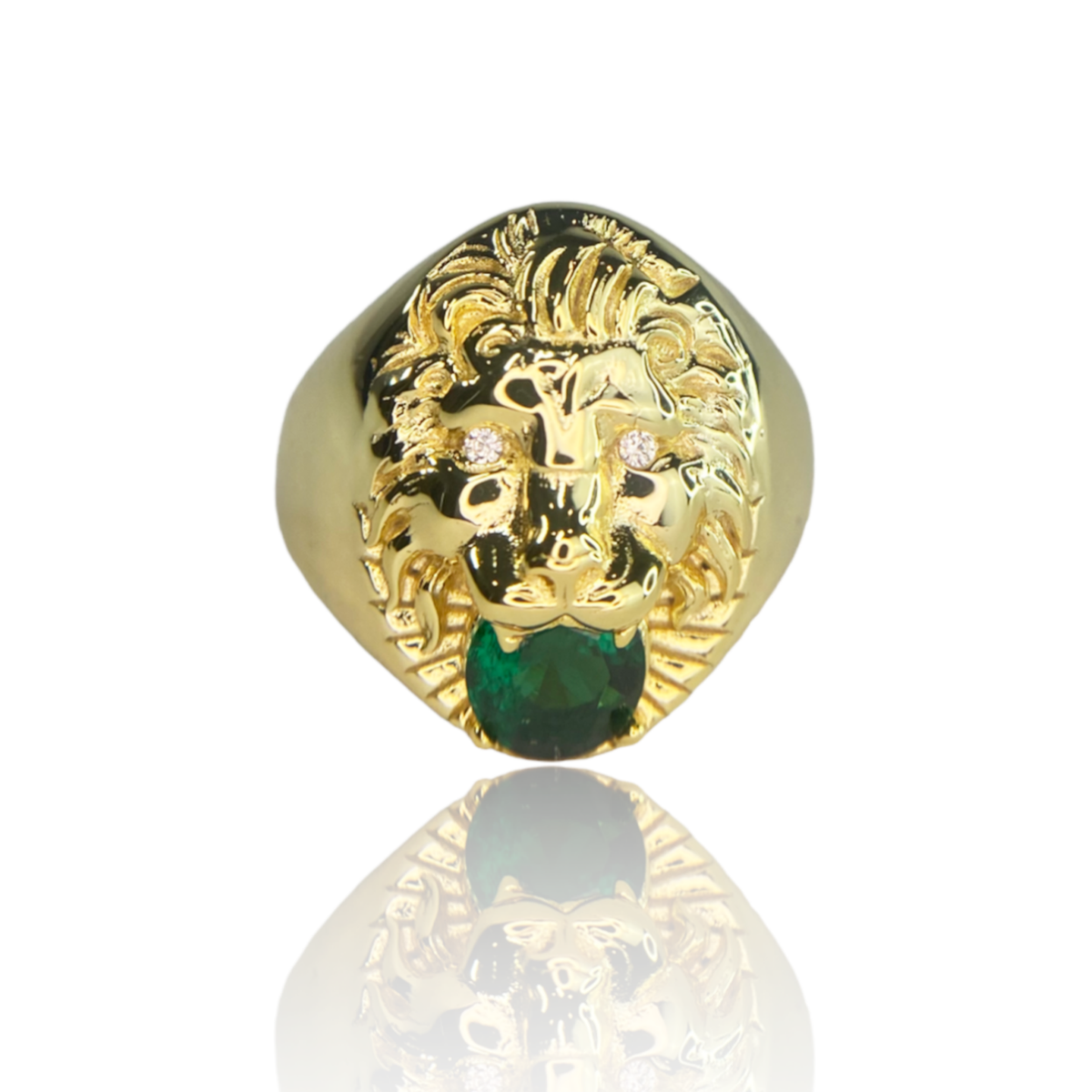 Lion Gold Ring With Green Emerald And White Crystals: 7