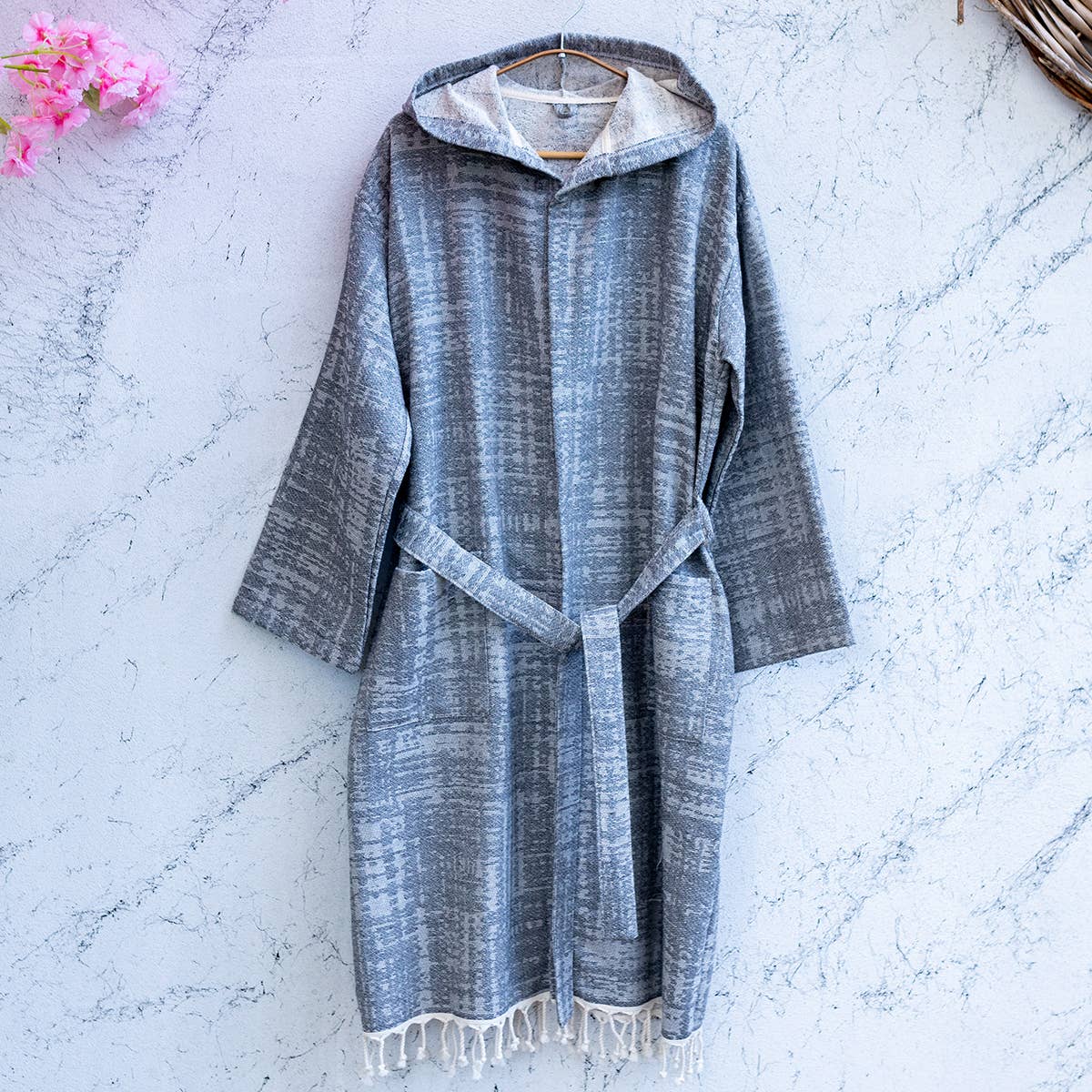 Terrybacked Bathrobe Turkish Cotton Light Weight Hood Quick: Gray