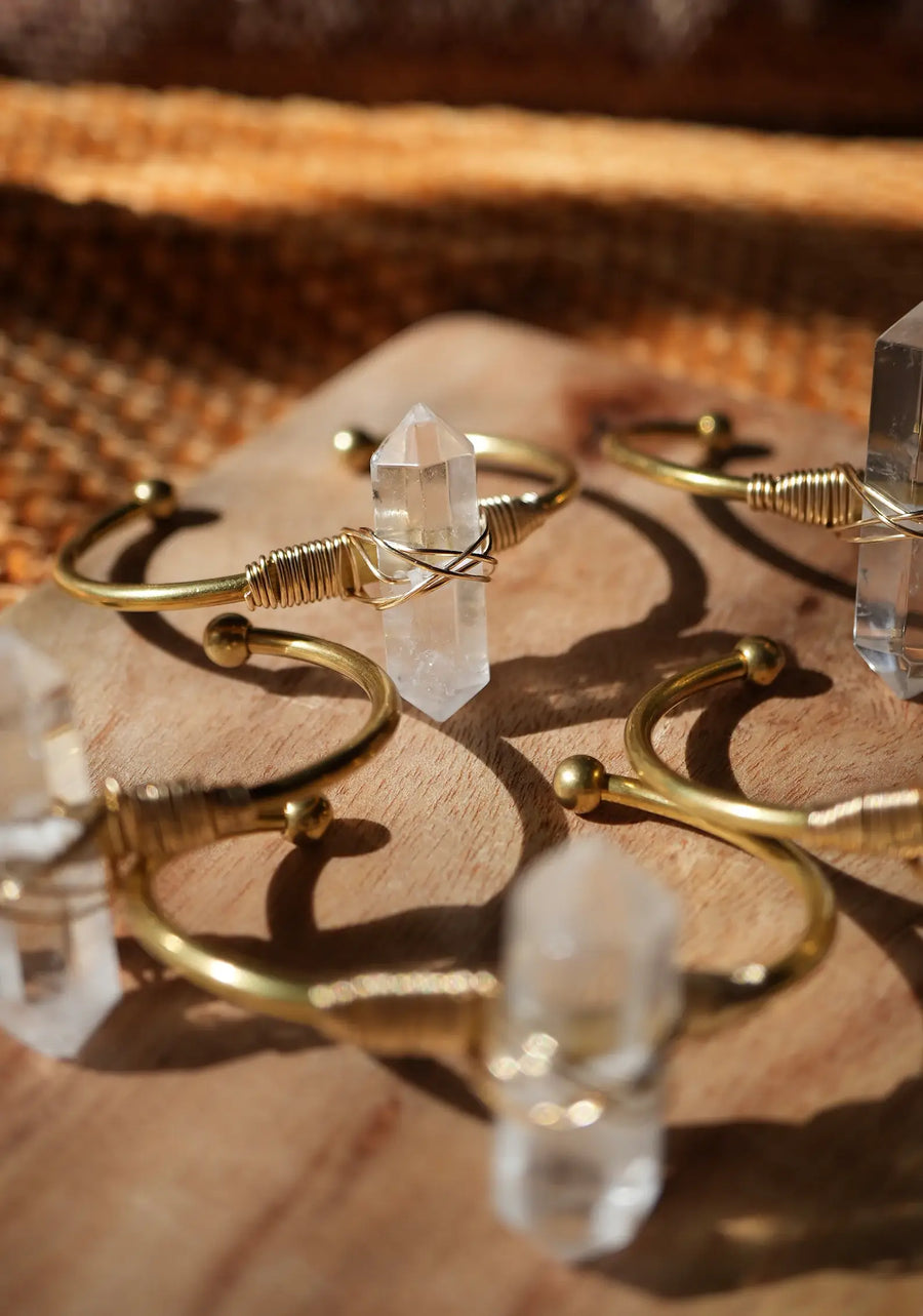 Double Point Quartz Cuff | Crystal Quartz Cuff Brass + 14KGF