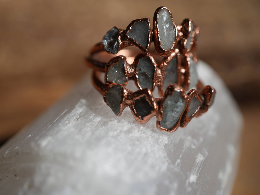 Multi - Stone Raw Aquamarine Ring || March Aquamarine Ring