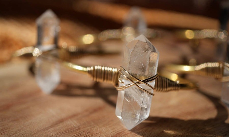 Double Point Quartz Cuff | Crystal Quartz Cuff Brass + 14KGF