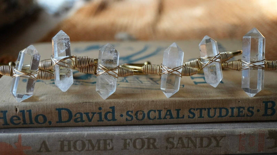 Double Point Quartz Cuff | Crystal Quartz Cuff Brass + 14KGF