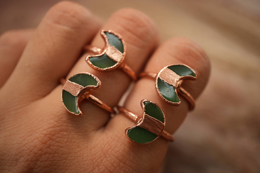 Copper Green Aventurine Moon Ring | Crescent Ring | Gemstone