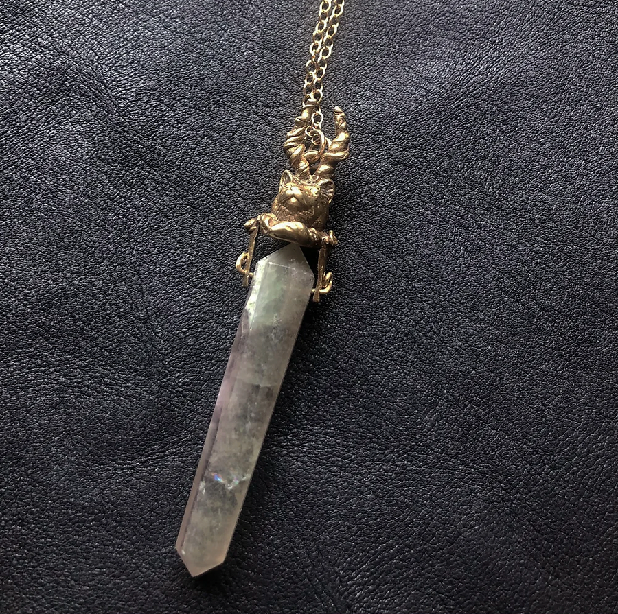 Horned Cat QUARTZ Pendant in Bronze Necklace