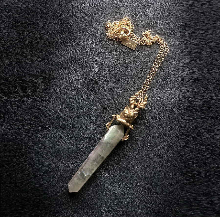 Horned Cat QUARTZ Pendant in Bronze Necklace