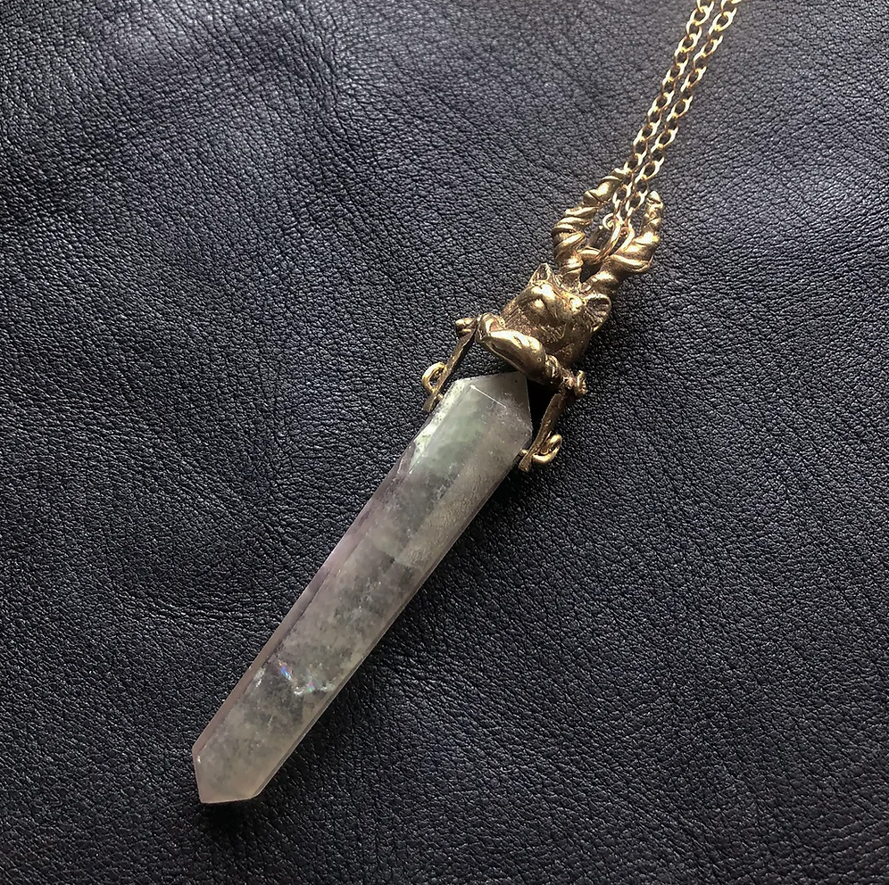Horned Cat QUARTZ Pendant in Bronze Necklace