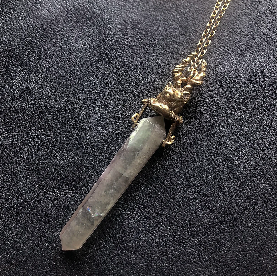 Horned Cat QUARTZ Pendant in Bronze Necklace