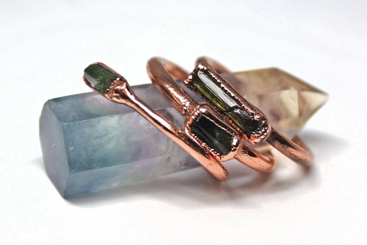 Raw Green Tourmaline Bar Ring | Copper Tourmaline Ring