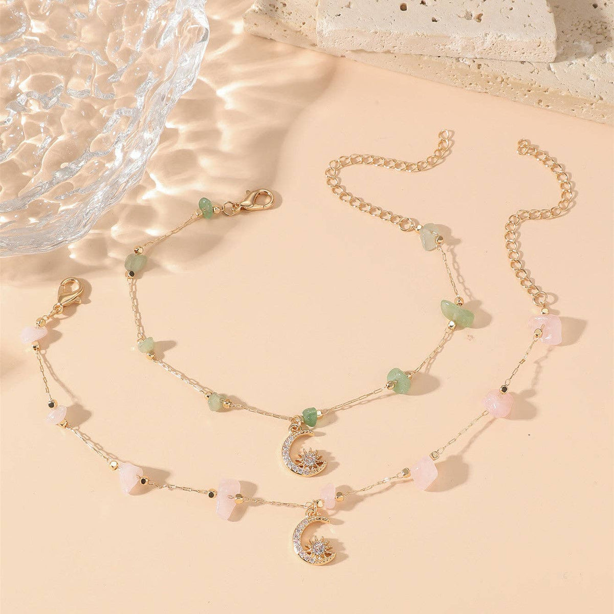 Crystal Raw Stone Moon Charm Anklet: Green