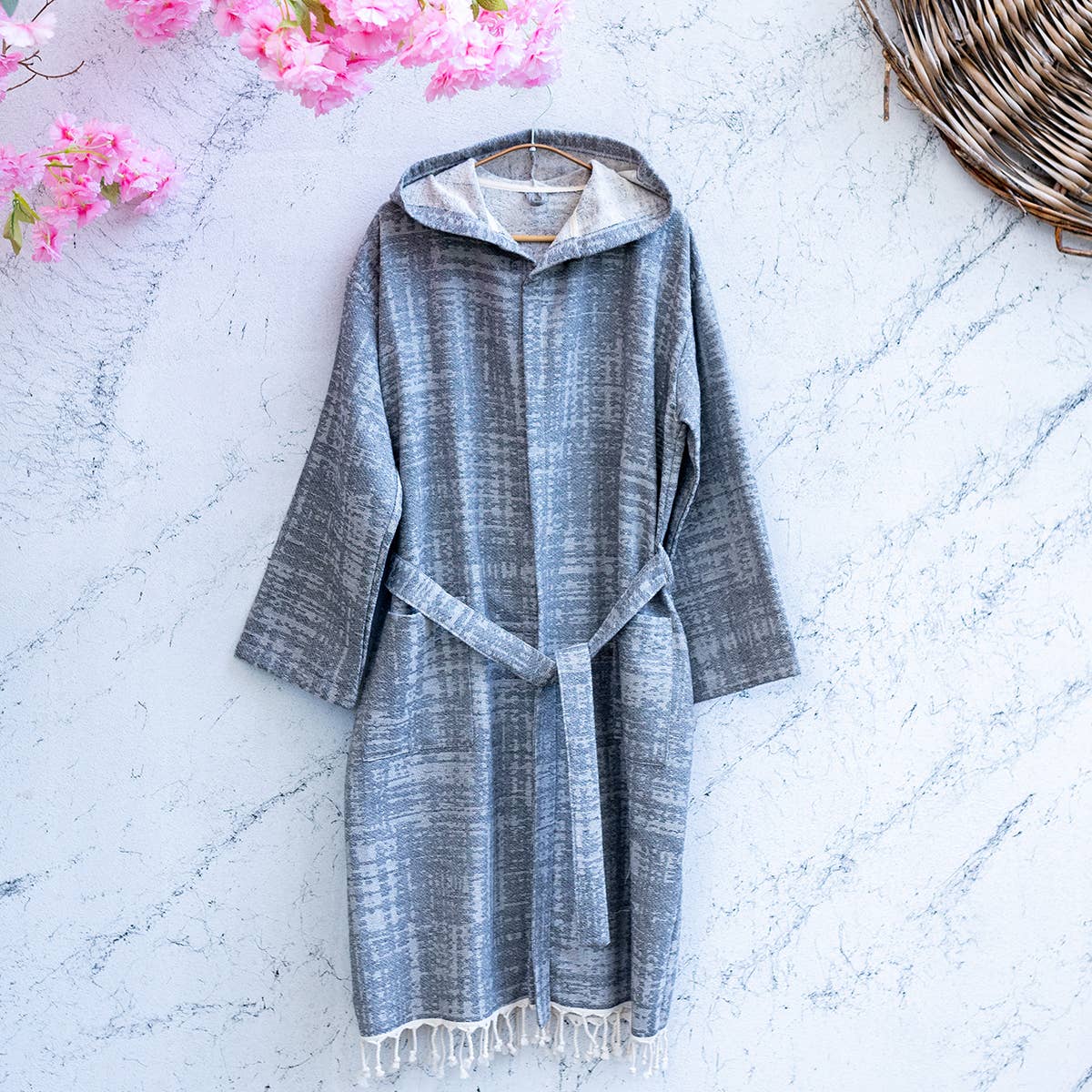 Terrybacked Bathrobe Turkish Cotton Light Weight Hood Quick: Gray