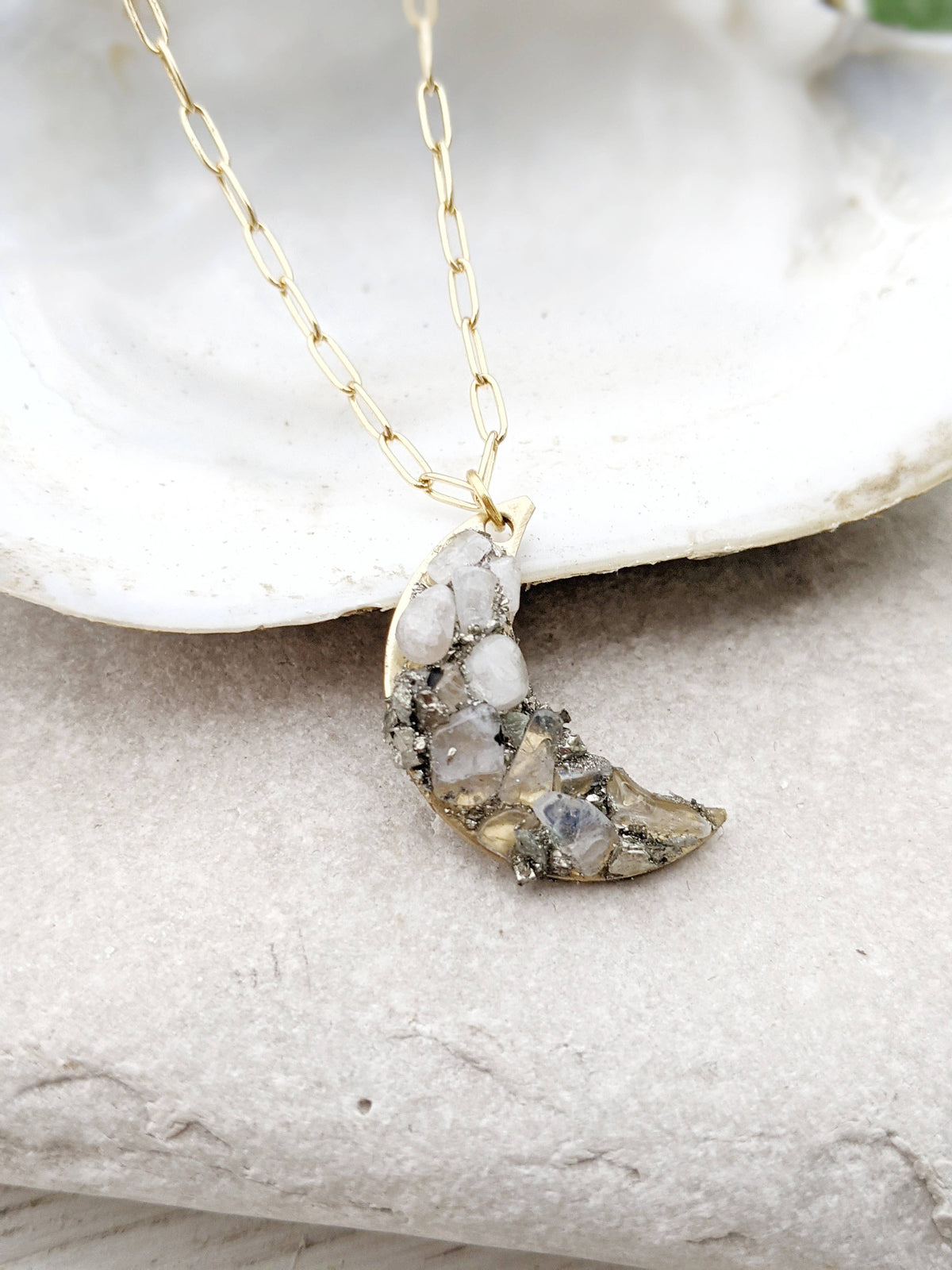 Crescent Moon Charm White Moonstone Necklace