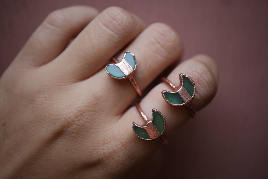 Copper Green Aventurine Moon Ring | Crescent Ring | Gemstone