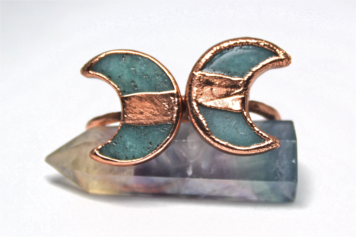 Large Copper Amazonite Moon Ring | Crescent Ring