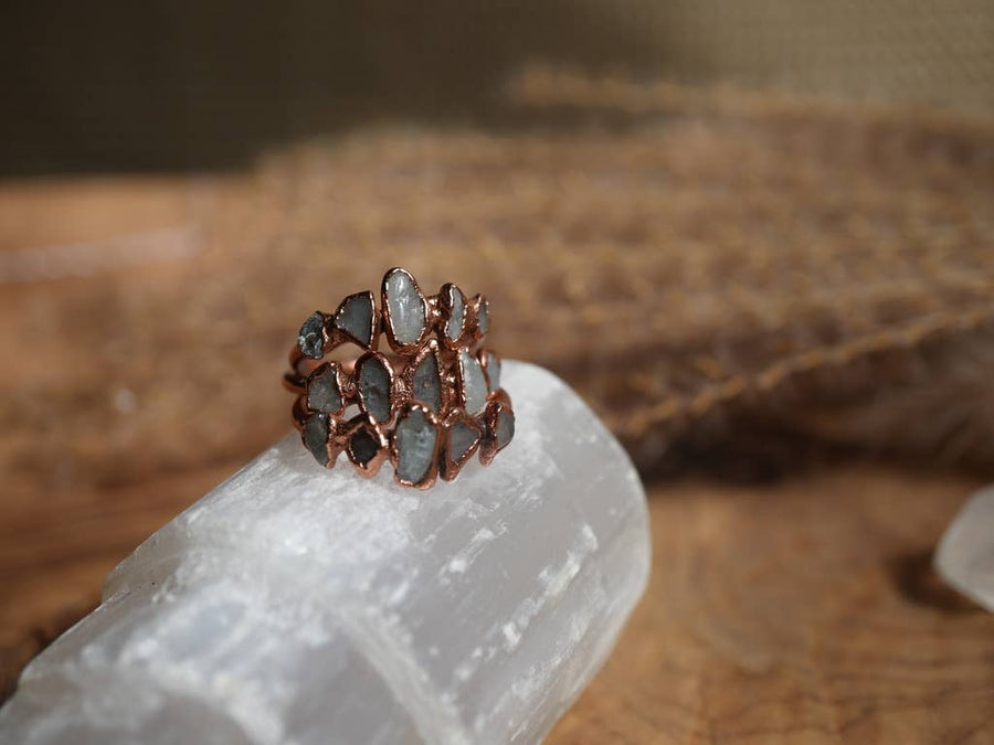 Multi - Stone Raw Aquamarine Ring || March Aquamarine Ring