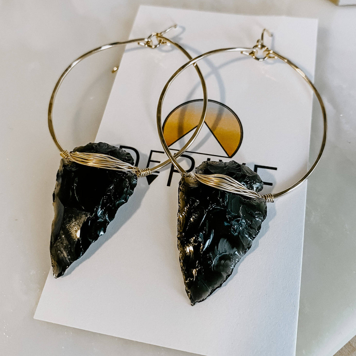 Nala Obsidian Arrowhead Hoop Earrings: 14k Gold Fill