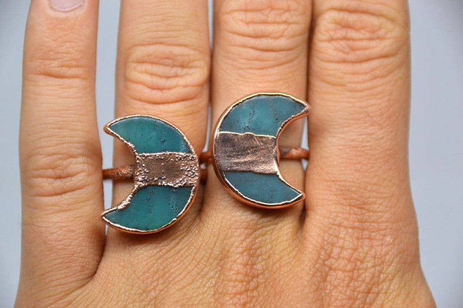 Large Copper Amazonite Moon Ring | Crescent Ring