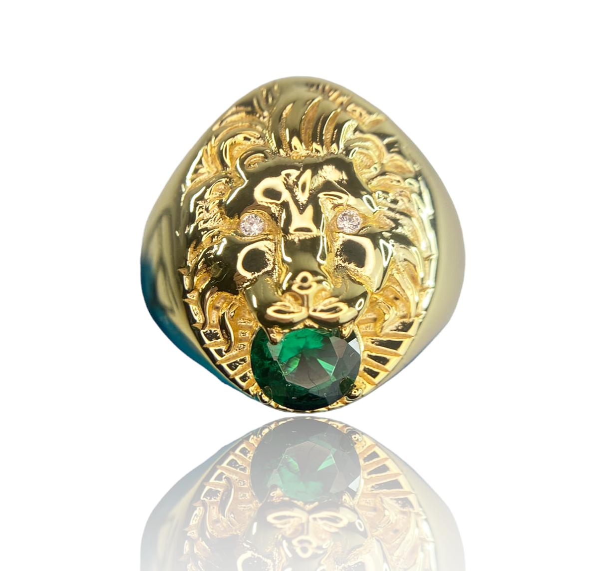 Lion Gold Ring With Green Emerald And White Crystals: 7