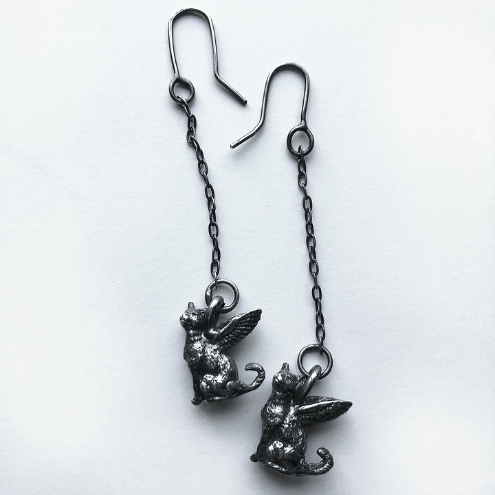 Tiny Mau Winged Cat Drop Earrings