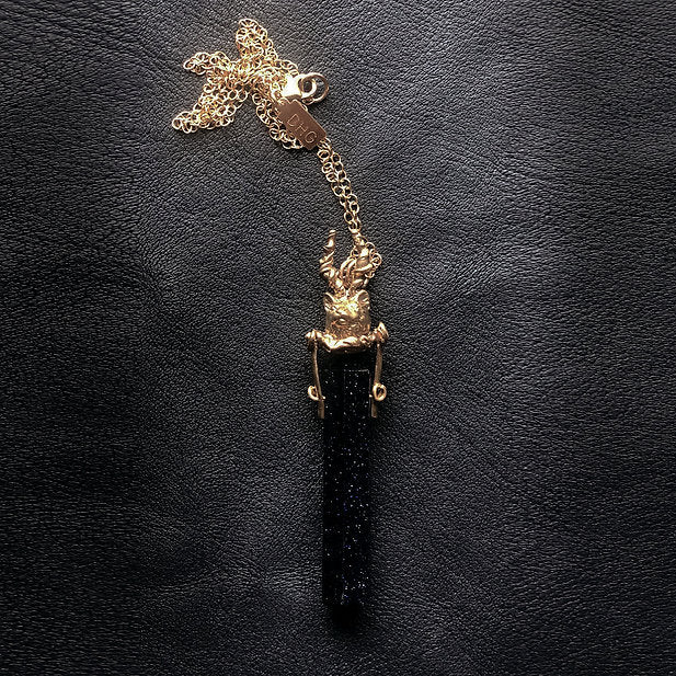 Horned Cat Blue Goldstone Pendant in Bronze Necklace