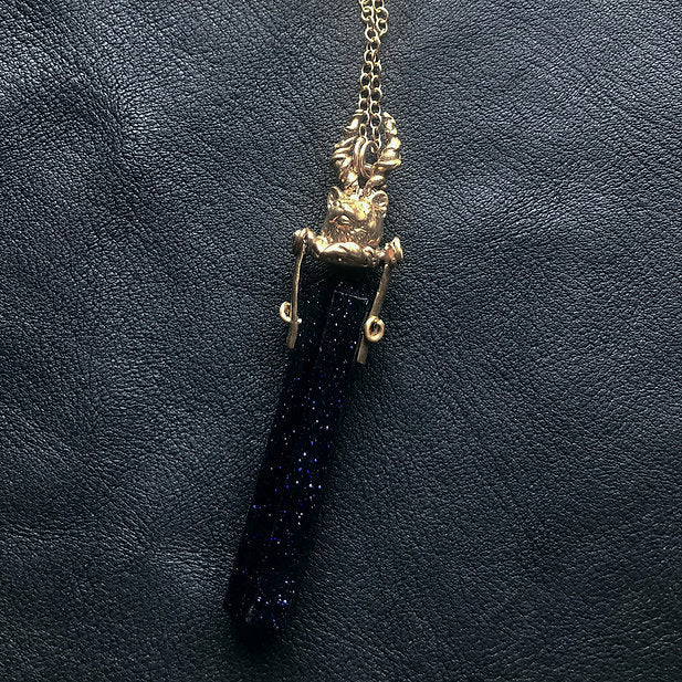 Horned Cat Blue Goldstone Pendant in Bronze Necklace