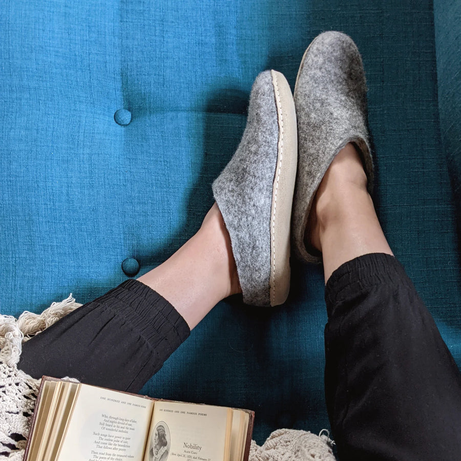 Wool Felt Slipper Clog in Ash with Natural Sole