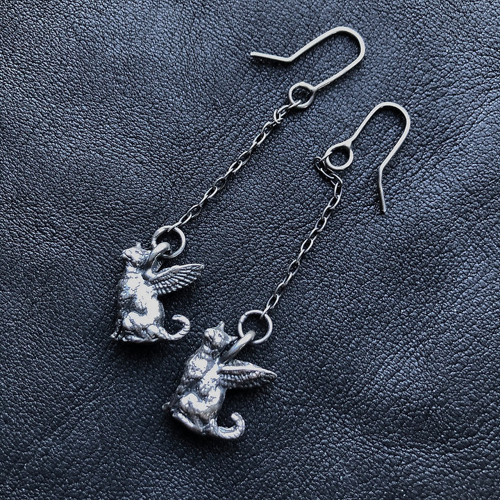 Tiny Mau Winged Cat Drop Earrings