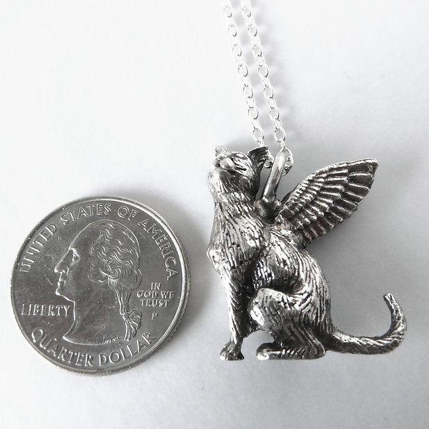 Regal Mau Winged Cat Necklace in Sterling Silver