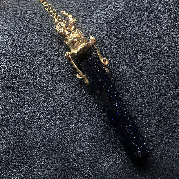 Horned Cat Blue Goldstone Pendant in Bronze Necklace