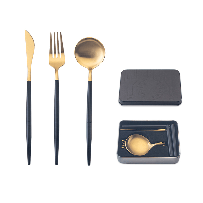 Portable Cutlery Picnic Set - BLACK/GOLD